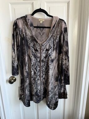 ONE WORLD Taupe and Black Printed Hooded Zip-Front Tunic